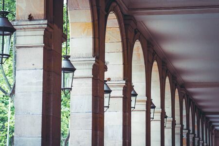Interior view of the arcades of a residential buildingの写真素材
