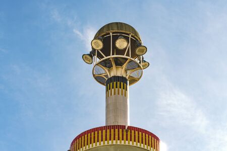 Detail of an architectural tower top with lights