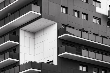 Geometric inverse corner of a residential building in black and whiteの写真素材
