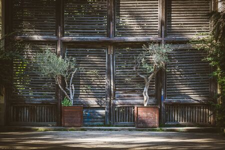 Old wooden shutter doors of a Lath Houseの写真素材