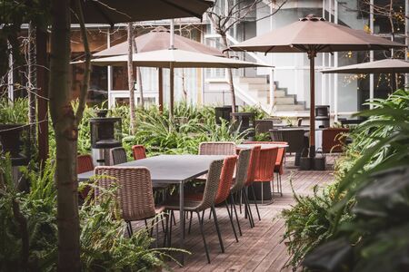 Tables and chairs of an outdoor coffee shop surrounded by fernsの写真素材
