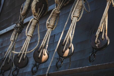 Deadeyes and ropes of an old Spanish Galleonの写真素材