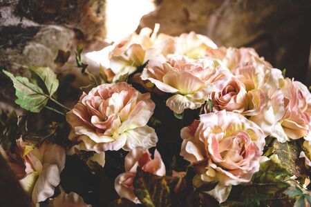 Bouquet of flowers made of fabric representing roses, under the afternoon lightの写真素材