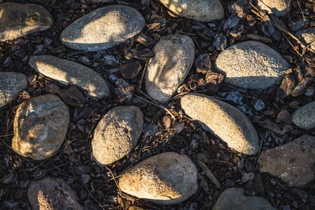 Detail of a cobblestone ground path with boulders and cork bark at the afternoon lightの写真素材