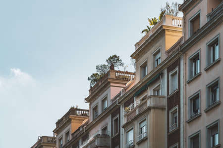 Diagonal view of the upper terraces of residential buildingsの写真素材