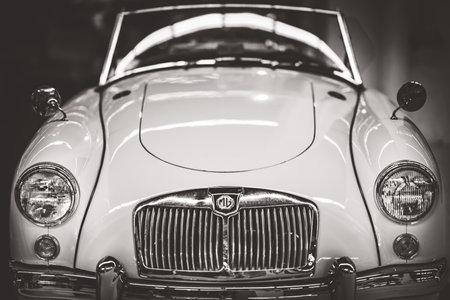 Front view of a classic MG MGA 1600 Roadster car from 1960 in black and whiteのeditorial素材
