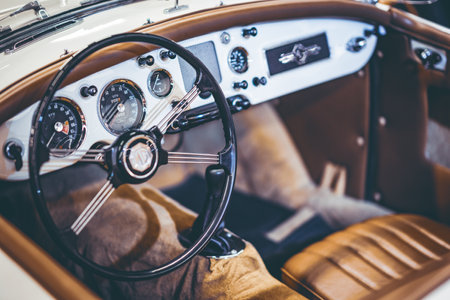 Dashboard and steering wheel of the Interior of a classic MG MGA 1600 Roadster car from 1960のeditorial素材