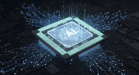 Artificial intelligence (AI) and machine learning concept on virtual screen. 3D illustrationの素材