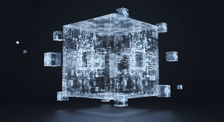 3D rendering of a house made of cubes with binary code insideの素材