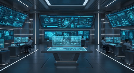 Dark blue spaceship interior with computers, screens and monitors 3D renderingの素材