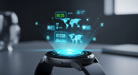 Smart watch with business icons and symbols on the screen 3D renderingの素材