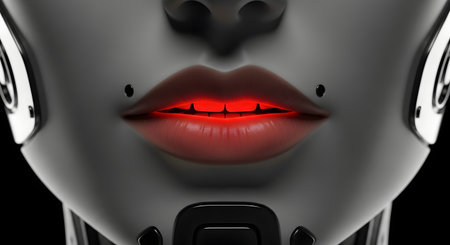 3d illustration of robot face with teeth and mouth open isolated over black backgroundの素材