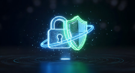 Cyber security concept. Shield and padlock on dark background 3D renderingの素材