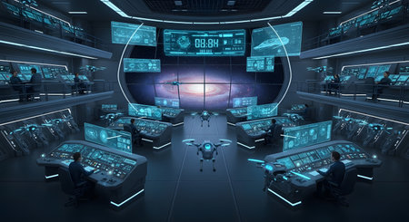 Spaceship control room with cybernetic user interface 3D renderingの素材