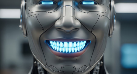 Humanoid robot with teeth and teeth. 3d render illustration.の素材