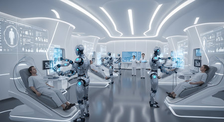 3D rendering humanoid robots working in a modern office space, artificial intelligence conceptの素材
