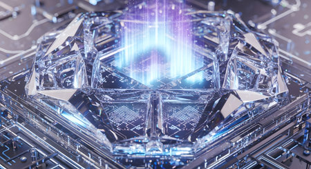 Futuristic 3D rendering of a crystal on a circuit boardの素材