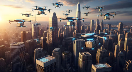 Drone flying over the city. 3d rendering, 3d illustration.の素材