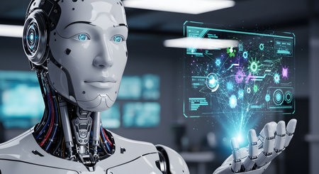 Robot humanoid on blurred background using holographic interface 3D renderingの素材