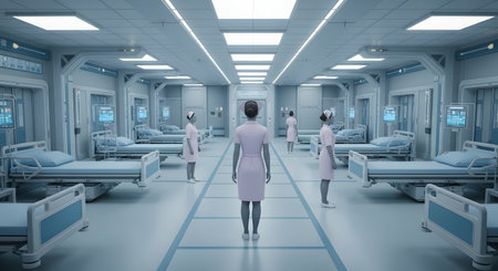 3D rendering of a female doctor walking in a hospital corridor.の素材