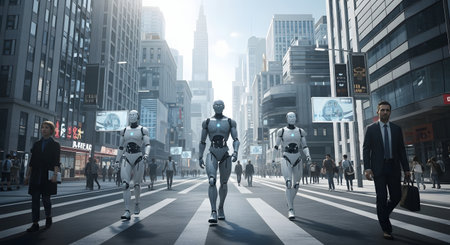 Robot humanoid walking on city street with people around, 3D renderingの素材