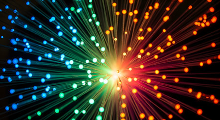 Multicolored optical fibers on a black background close-up.の素材