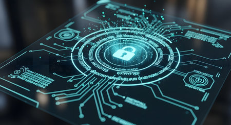 Cyber security and information protection concept on virtual screen 3D renderingの素材