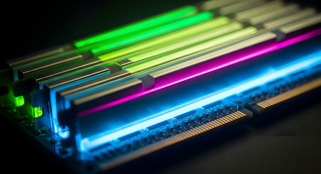 Close-up of computer microcircuits with multicolored lightsの素材
