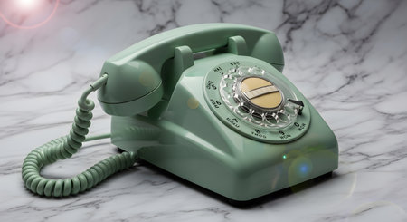 Retro green telephone on white marble background. 3d render illustrationの素材