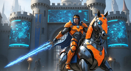 Superhero riding a horse in front of the castle. 3d renderingの素材