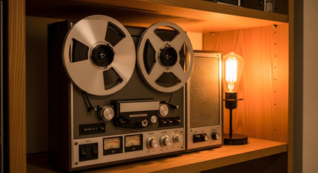 Retro reel to reel tape recorder on a shelf in a roomの素材