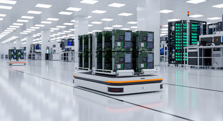 3D rendering of a server room with a row of servers in a data centerの素材