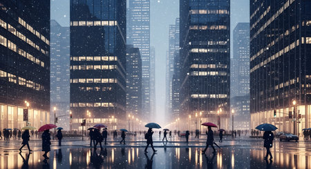 People walking with umbrellas in the rain. 3D renderingの素材