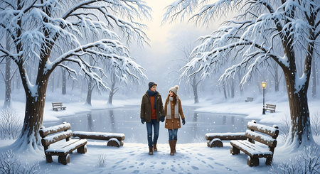 Couple walking in snowy winter park. Love, relationship and holidays concept.の素材