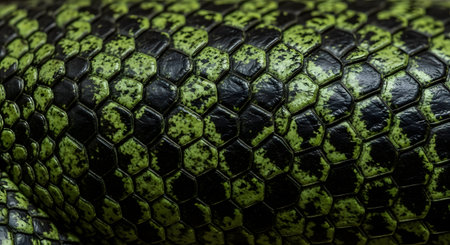 Close up of green snake skin texture background. Macro of snake skin texture.の素材