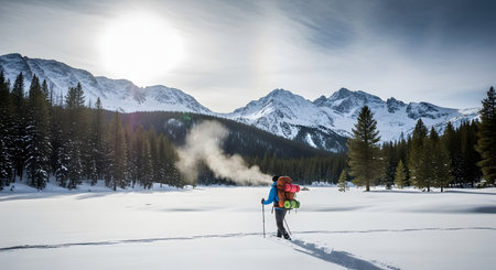 Hiker in winter mountains with snowshoes and panoramic viewの素材