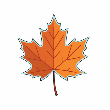 A stylized illustration of a single maple leaf in shades of orange and brown, representing autumn.