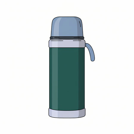 A simple illustration of a green thermos bottle with a blue cap and a small handle, suitable for keeping drinks hot or cold.の写真素材