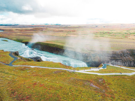 Amazing huge beautiful waterfall Gullfoss, famous landmark in Iceland, selective focus