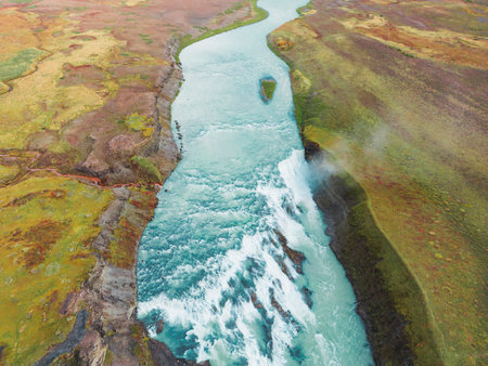 Top down view at Gullfoss waterfall in autumn time - Iceland