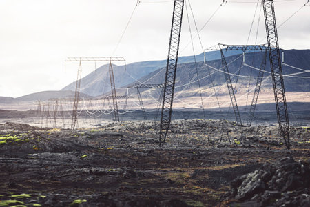 Electrical power lines running trough Iceland highlands