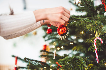 Red Christmas ornament being put on the Christmas tree by an unrecognizable womanの写真素材