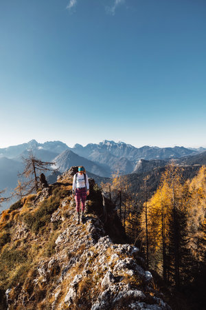 Vertical photo of female mountaineer hiking on the mountain ridge with the background of autumn mountainsの写真素材