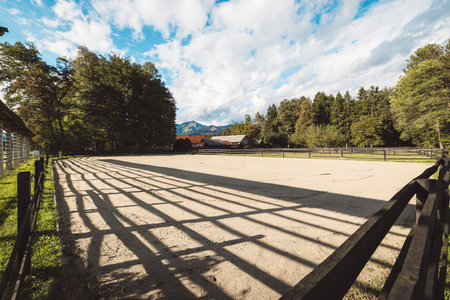 Sunny day out at the Horse ranch and an empty riding ringの写真素材