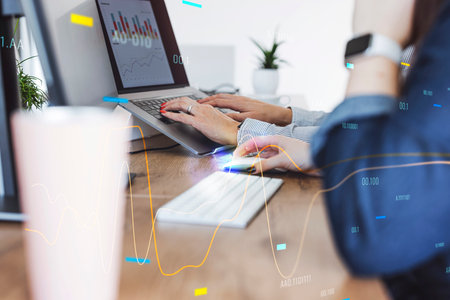 Women working in the world of finance, digital graphics added to the photo