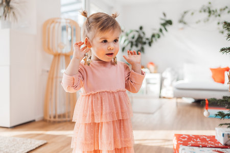 Cute baby girl in pink dress wearing Christmas ornaments as earrings, having fun decorating the Christmas treeの写真素材