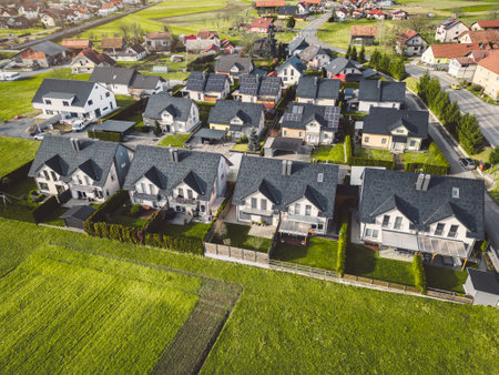 Aerial view of a new build residential houses in the countryside of Sloveniaの写真素材