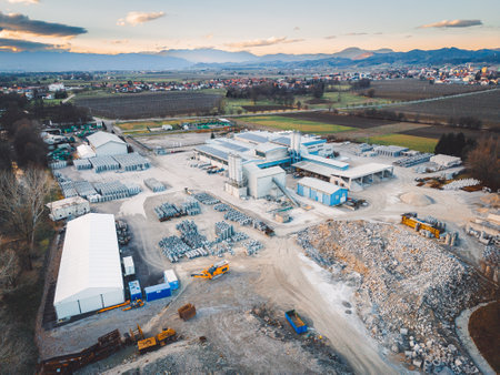 Aerial view of large storage site of construction firm in the suburbsの写真素材