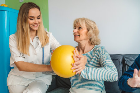 Young woman physiotherapist showing senior woman an exercise with yellow pilates ballの写真素材