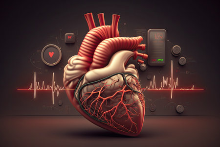 Illustration of a 3D healthy heart with blood vessels, cardiology conceptの写真素材